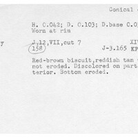 Index card with typed and handwritten information, sometimes including a sketch, of pottery from an excavation.