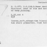 Index card with typed and handwritten information, sometimes including a sketch, of pottery from an excavation.