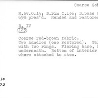 Index card with typed and handwritten information, sometimes including a sketch, of pottery from an excavation.
