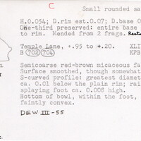 Index card with typed and handwritten information, sometimes including a sketch, of pottery from an excavation.