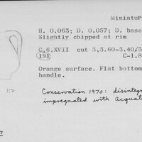 Index card with typed and handwritten information, sometimes including a sketch, of pottery from an excavation.