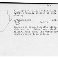 Index card with typed and handwritten information, sometimes including a sketch, of pottery from an excavation.