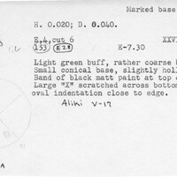 Index card with typed and handwritten information, sometimes including a sketch, of pottery from an excavation.