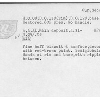 Index card with typed and handwritten information, sometimes including a sketch, of pottery from an excavation.