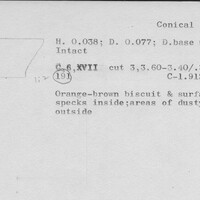 Index card with typed and handwritten information, sometimes including a sketch, of pottery from an excavation.