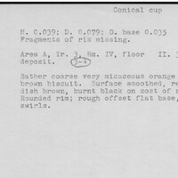 Index card with typed and handwritten information, sometimes including a sketch, of pottery from an excavation.