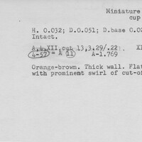 Index card with typed and handwritten information, sometimes including a sketch, of pottery from an excavation.