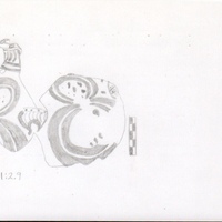 Index card with typed and handwritten information, sometimes including a sketch, of pottery from an excavation.