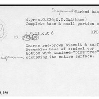 Index card with typed and handwritten information, sometimes including a sketch, of pottery from an excavation.