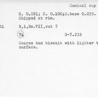 Index card with typed and handwritten information, sometimes including a sketch, of pottery from an excavation.