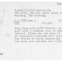 Index card with typed and handwritten information, sometimes including a sketch, of pottery from an excavation.