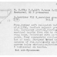 Index card with typed and handwritten information, sometimes including a sketch, of pottery from an excavation.