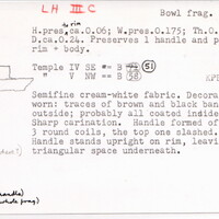 Index card with typed and handwritten information, sometimes including a sketch, of pottery from an excavation.