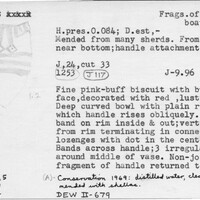 Index card with typed and handwritten information, sometimes including a sketch, of pottery from an excavation.