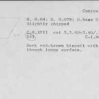 Index card with typed and handwritten information, sometimes including a sketch, of pottery from an excavation.