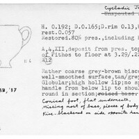 Index card with typed and handwritten information, sometimes including a sketch, of pottery from an excavation.
