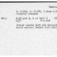 Index card with typed and handwritten information, sometimes including a sketch, of pottery from an excavation.