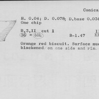 Index card with typed and handwritten information, sometimes including a sketch, of pottery from an excavation.