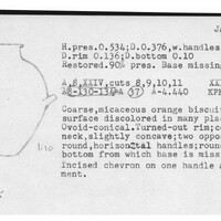 Index card with typed and handwritten information, sometimes including a sketch, of pottery from an excavation.