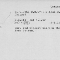 Index card with typed and handwritten information, sometimes including a sketch, of pottery from an excavation.