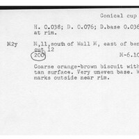 Index card with typed and handwritten information, sometimes including a sketch, of pottery from an excavation.