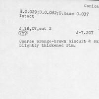 Index card with typed and handwritten information, sometimes including a sketch, of pottery from an excavation.