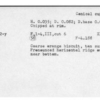 Index card with typed and handwritten information, sometimes including a sketch, of pottery from an excavation.