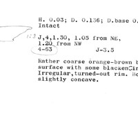Index card with typed and handwritten information, sometimes including a sketch, of pottery from an excavation.