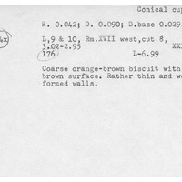 Index card with typed and handwritten information, sometimes including a sketch, of pottery from an excavation.