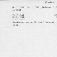 Index card with typed and handwritten information, sometimes including a sketch, of pottery from an excavation.