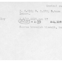 Index card with typed and handwritten information, sometimes including a sketch, of pottery from an excavation.