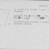 Index card with typed and handwritten information, sometimes including a sketch, of pottery from an excavation.