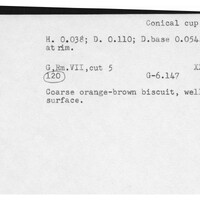 Index card with typed and handwritten information, sometimes including a sketch, of pottery from an excavation.