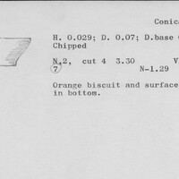 Index card with typed and handwritten information, sometimes including a sketch, of pottery from an excavation.