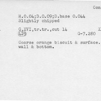 Index card with typed and handwritten information, sometimes including a sketch, of pottery from an excavation.