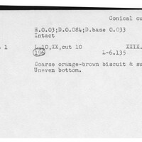 Index card with typed and handwritten information, sometimes including a sketch, of pottery from an excavation.