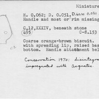 Index card with typed and handwritten information, sometimes including a sketch, of pottery from an excavation.