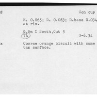 Index card with typed and handwritten information, sometimes including a sketch, of pottery from an excavation.