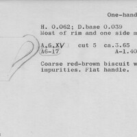 Index card with typed and handwritten information, sometimes including a sketch, of pottery from an excavation.