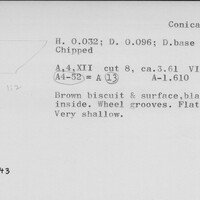 Index card with typed and handwritten information, sometimes including a sketch, of pottery from an excavation.