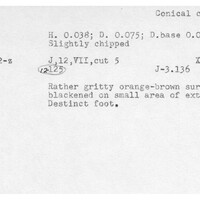 Index card with typed and handwritten information, sometimes including a sketch, of pottery from an excavation.