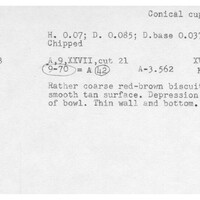 Index card with typed and handwritten information, sometimes including a sketch, of pottery from an excavation.