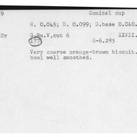 Index card with typed and handwritten information, sometimes including a sketch, of pottery from an excavation.