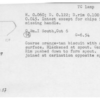 Index card with typed and handwritten information, sometimes including a sketch, of pottery from an excavation.