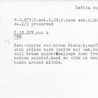Index card with typed and handwritten information, sometimes including a sketch, of pottery from an excavation.