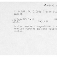 Index card with typed and handwritten information, sometimes including a sketch, of pottery from an excavation.