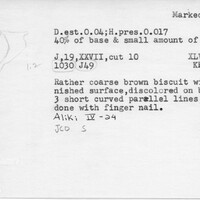 Index card with typed and handwritten information, sometimes including a sketch, of pottery from an excavation.
