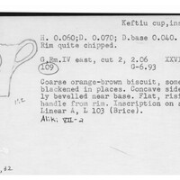 Index card with typed and handwritten information, sometimes including a sketch, of pottery from an excavation.
