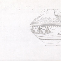 Index card with typed and handwritten information, sometimes including a sketch, of pottery from an excavation.