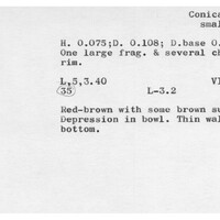 Index card with typed and handwritten information, sometimes including a sketch, of pottery from an excavation.